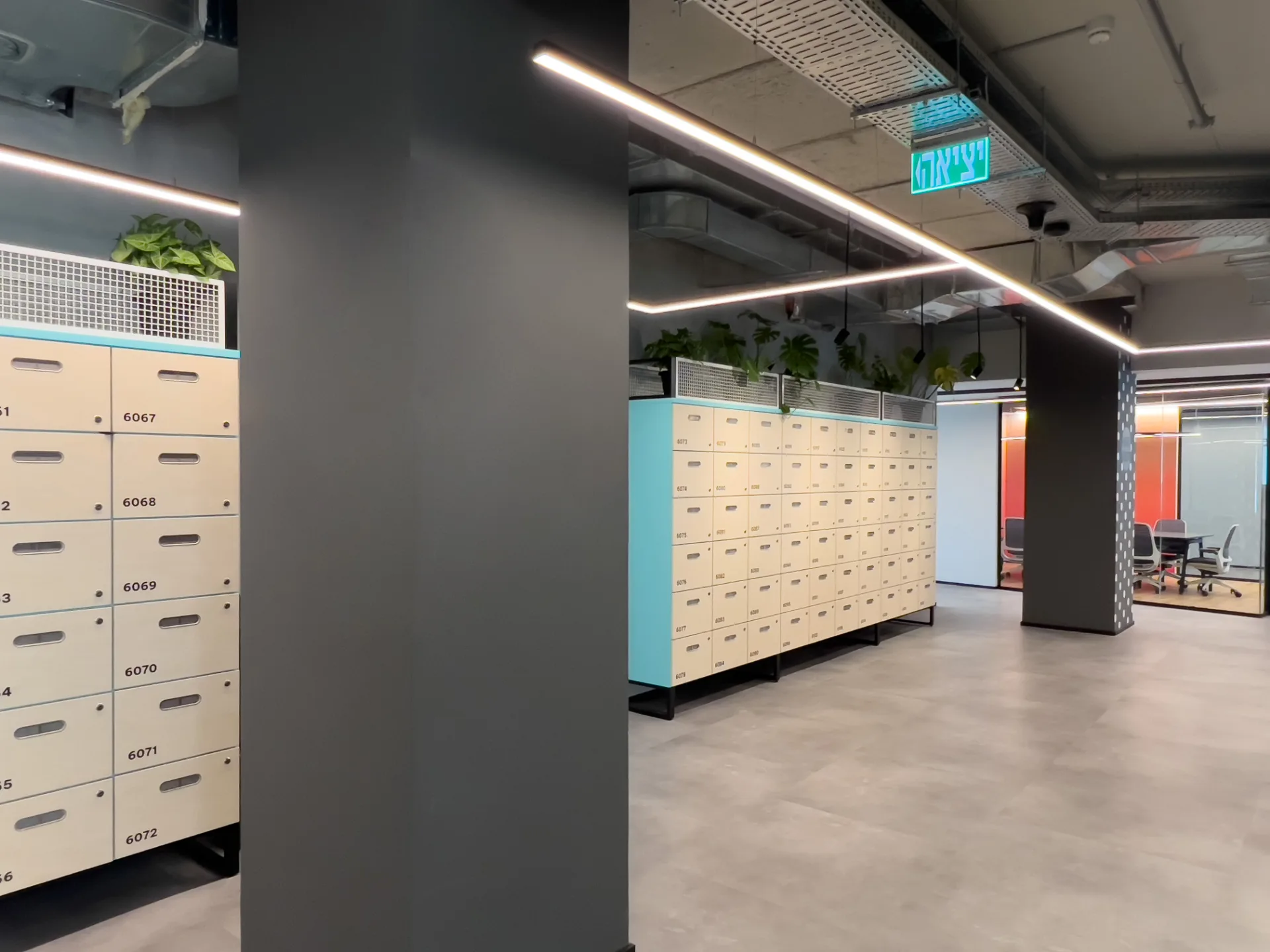 Locker wall along a corridor with light lines