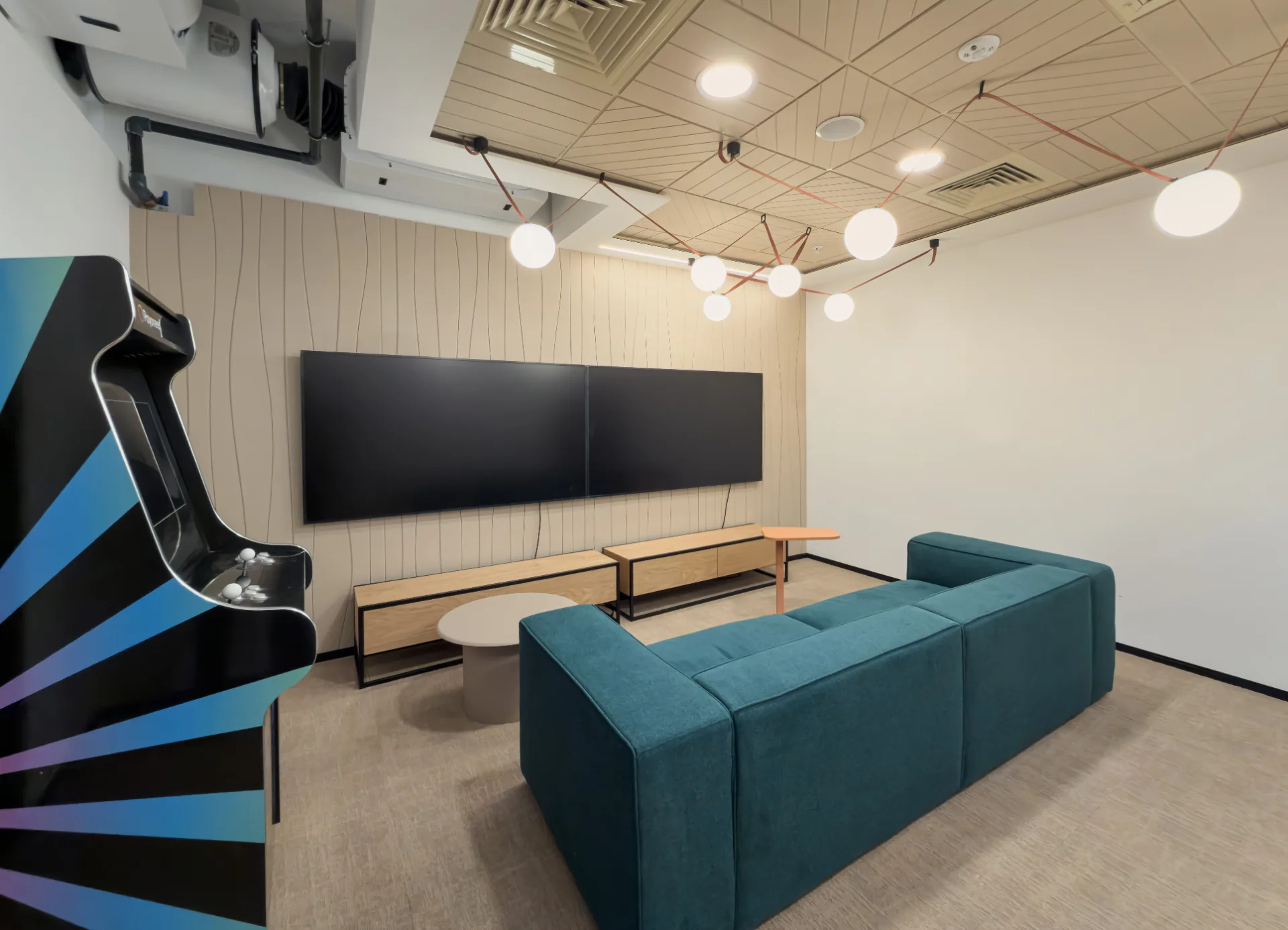 Games room with light globes on a cable web