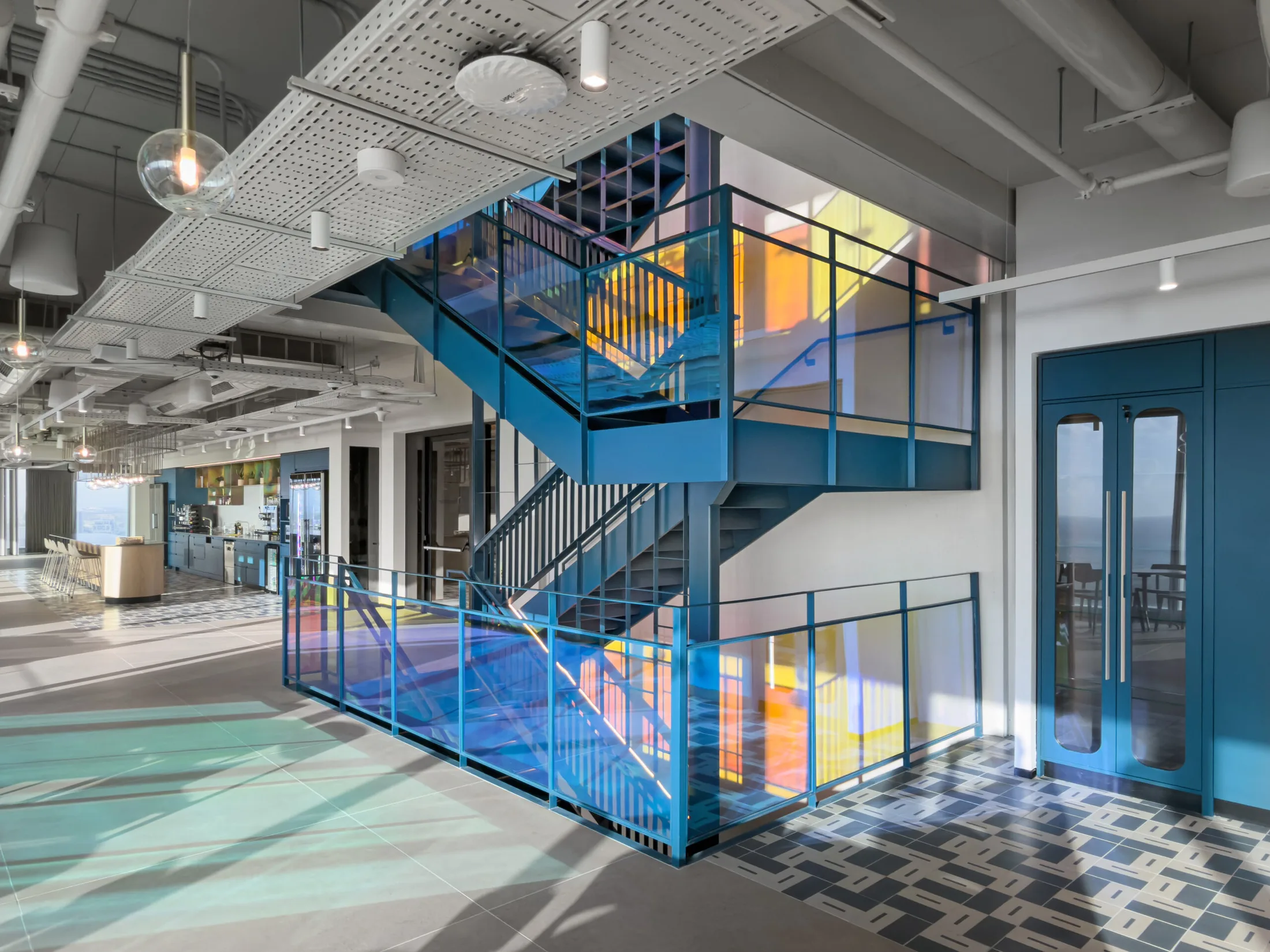 Workspace with blue staircase