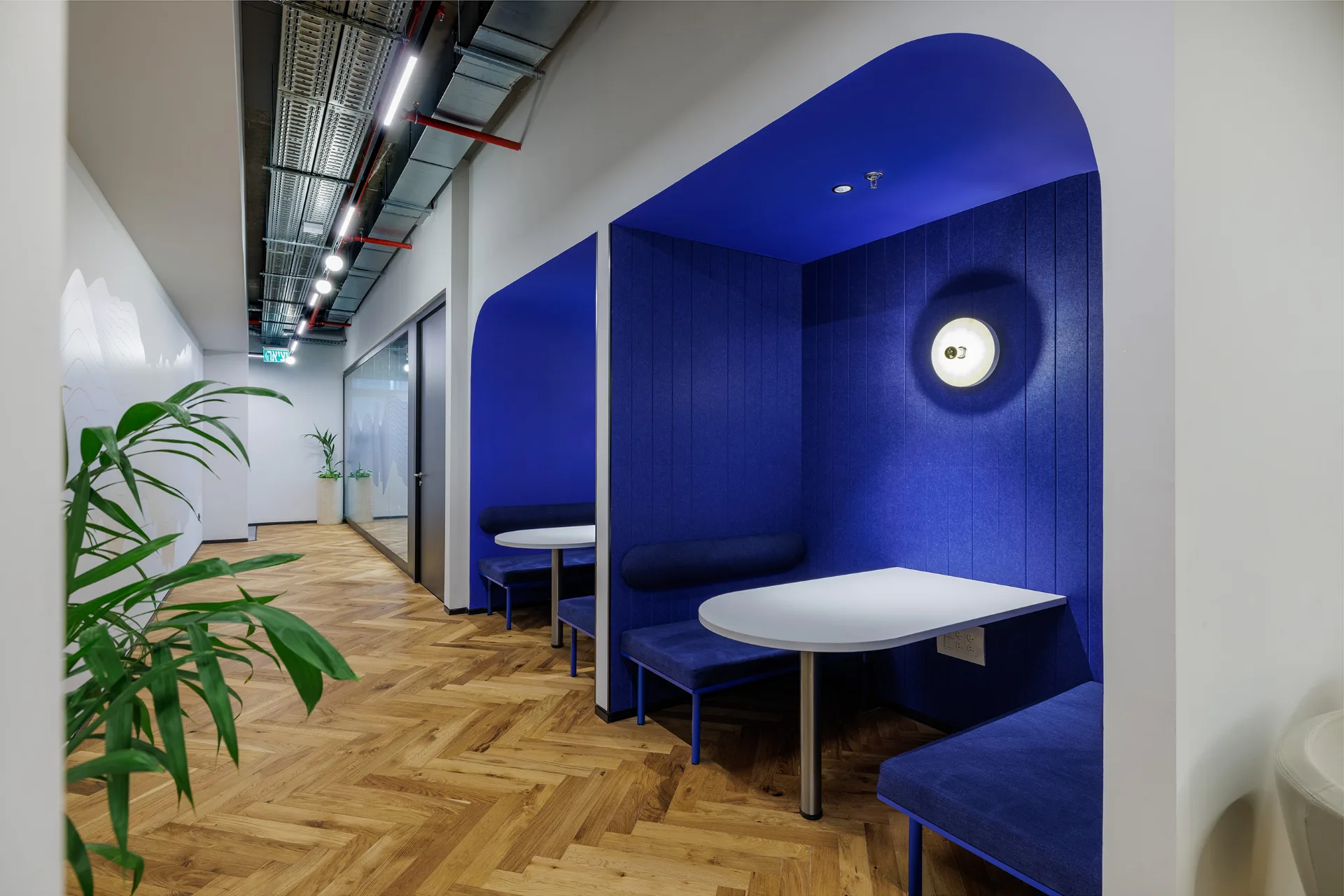 Breakout area with a bold accent wall and booth seating